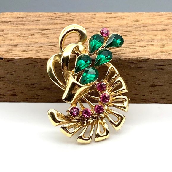 Vintage Blooming Cactus Brooch, Bright Floral Green and Pink Crystals on Gold - Picture 1 of 4